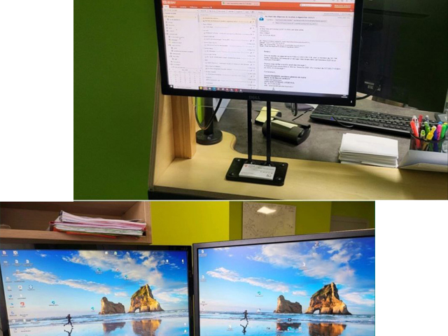 Réaménagement du poste de secrétariat avec 2 écrans pour la secrétaire et un écran de visualisation Géoportail.