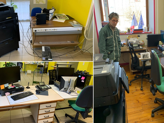 Aide au déménagement temporaire des bureau de la mairie lors des travaux (connexion Internet, copieur, PC…).
